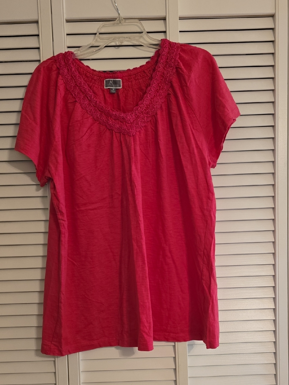 JM Collection Woman Hot Pink Crochet-Trim Scoop Neck Short Sleeve Top